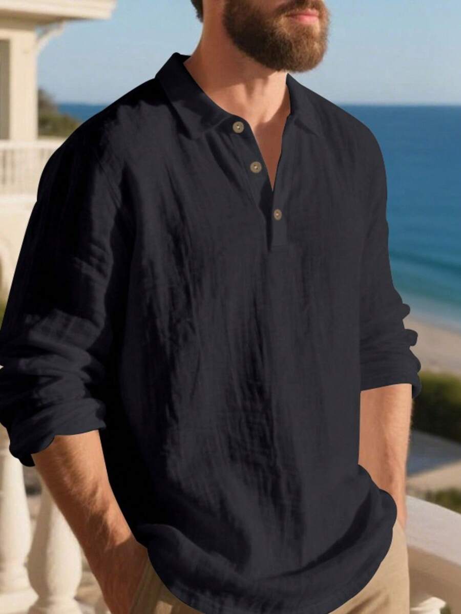 Men's Lightweight Loose Fit Black Linen Long Sleeve Polo Shirt