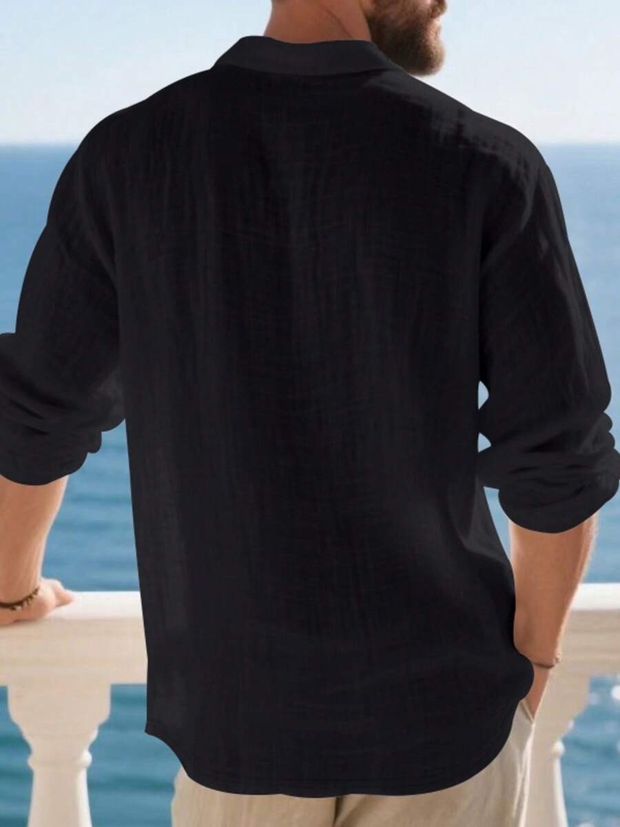 Men's Lightweight Loose Fit Black Linen Long Sleeve Polo Shirt