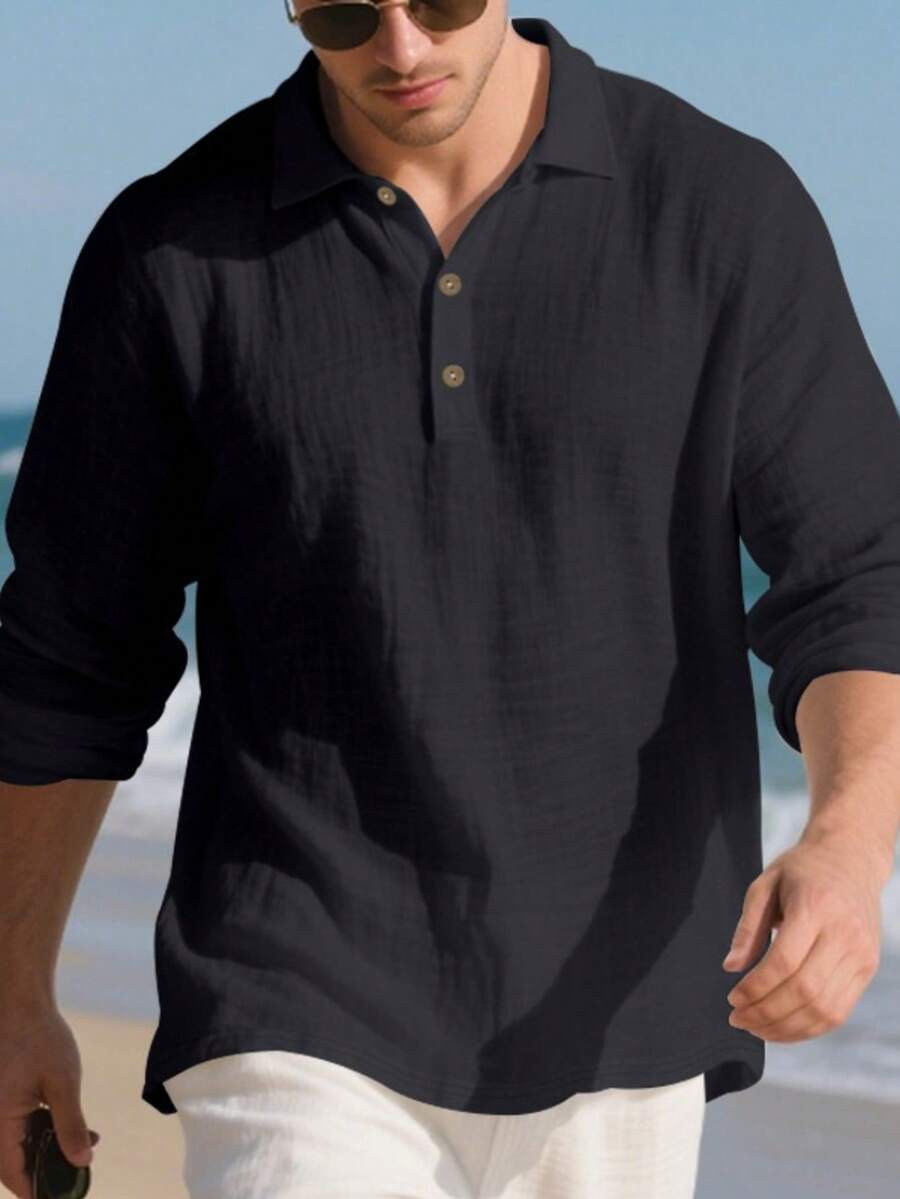 Men's Lightweight Loose Fit Black Linen Long Sleeve Polo Shirt