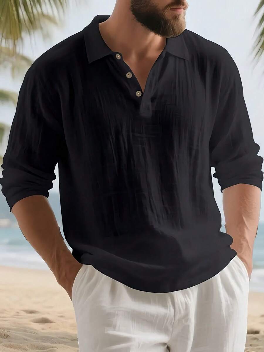 Men's Lightweight Loose Fit Black Linen Long Sleeve Polo Shirt
