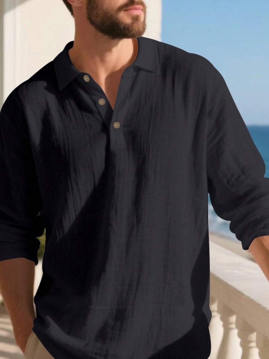 Men's Lightweight Loose Fit Black Linen Long Sleeve Polo Shirt
