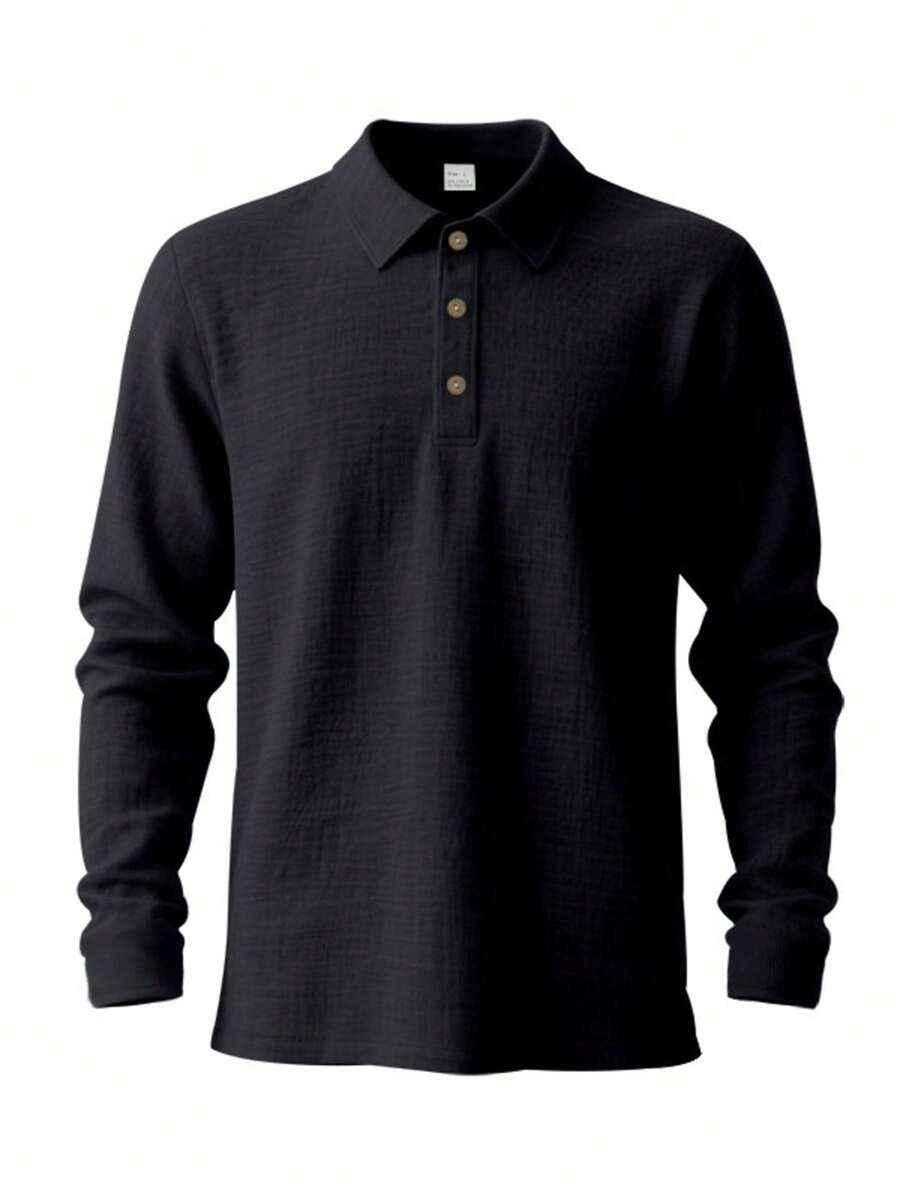 Men's Lightweight Loose Fit Black Linen Long Sleeve Polo Shirt