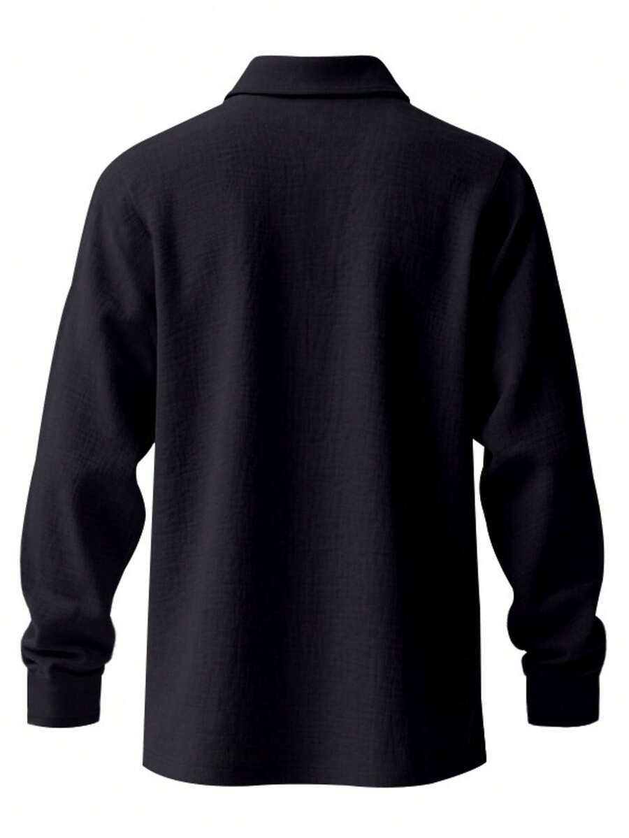 Men's Lightweight Loose Fit Black Linen Long Sleeve Polo Shirt