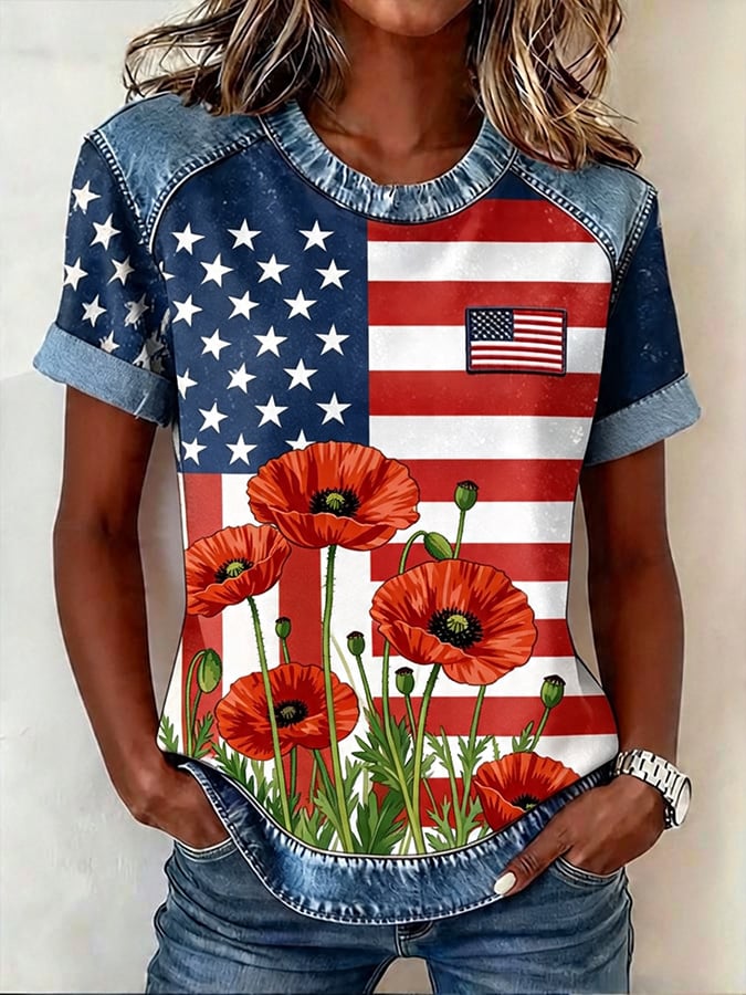 Women's Vintage Star Spangled American Flag Print Short-Sleeve Casual Shirt