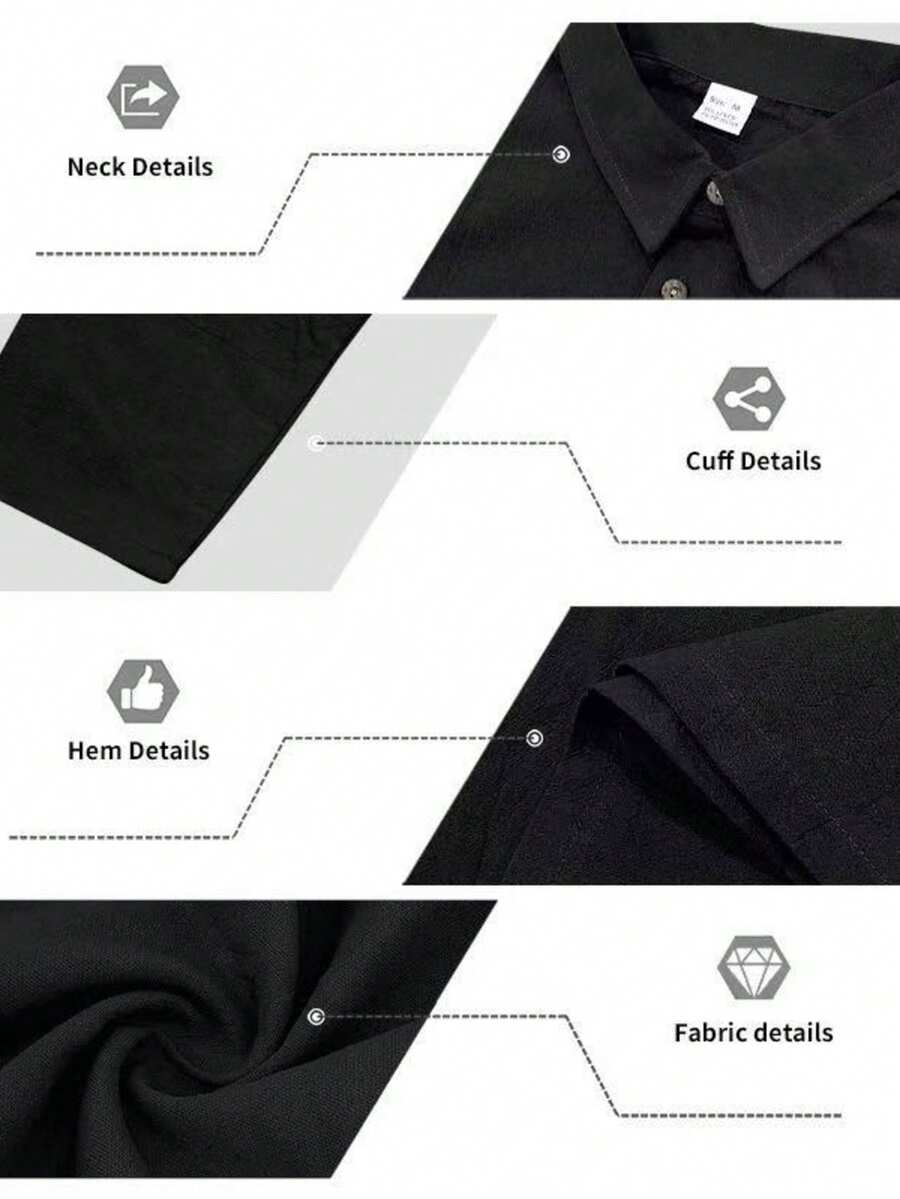 Men's Lightweight Loose Fit Black Linen Long Sleeve Polo Shirt