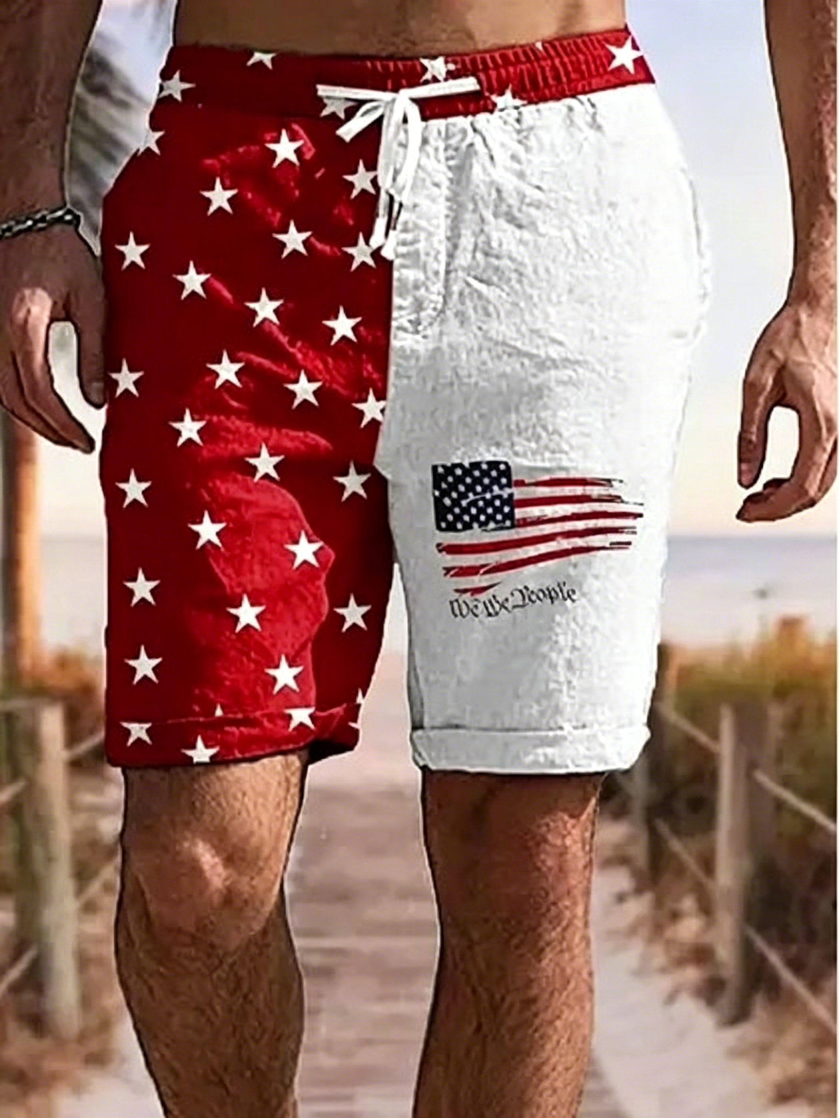 Men’s Liberty Bell Fireworks Print Casual Outdoor Patriotic Walking Shorts