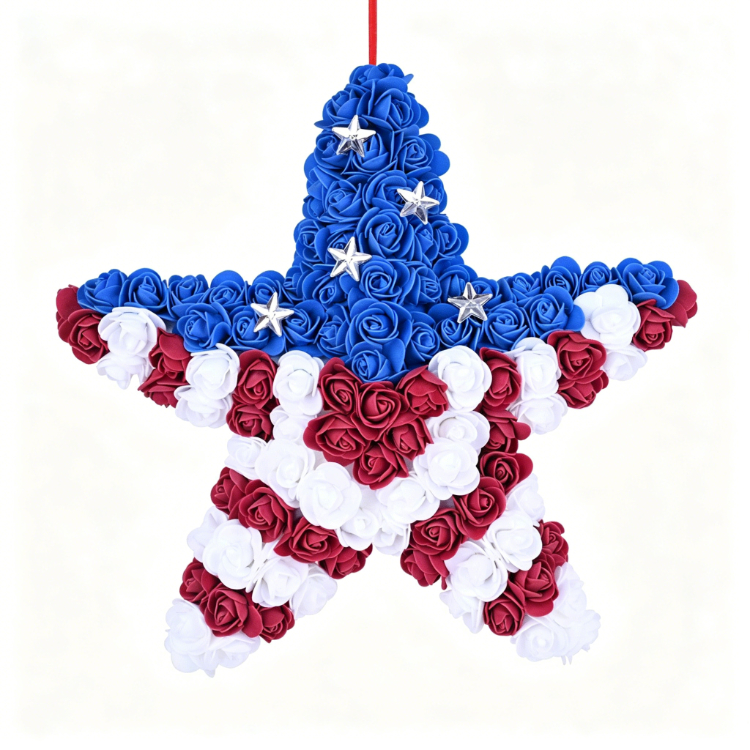 Patriotic Rose Wreath - Red White Blue Foam Flower Door Decor