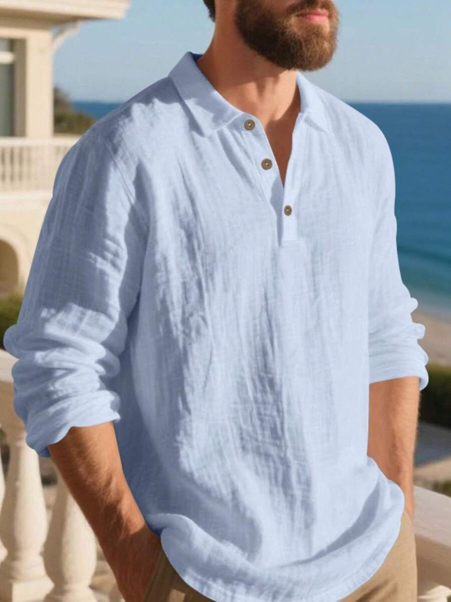 Men's Lightweight Loose Fit Black Linen Long Sleeve Polo Shirt