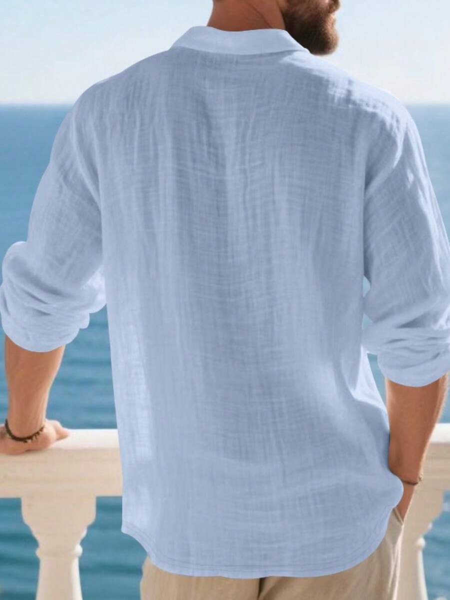 Men's Lightweight Loose Fit Black Linen Long Sleeve Polo Shirt