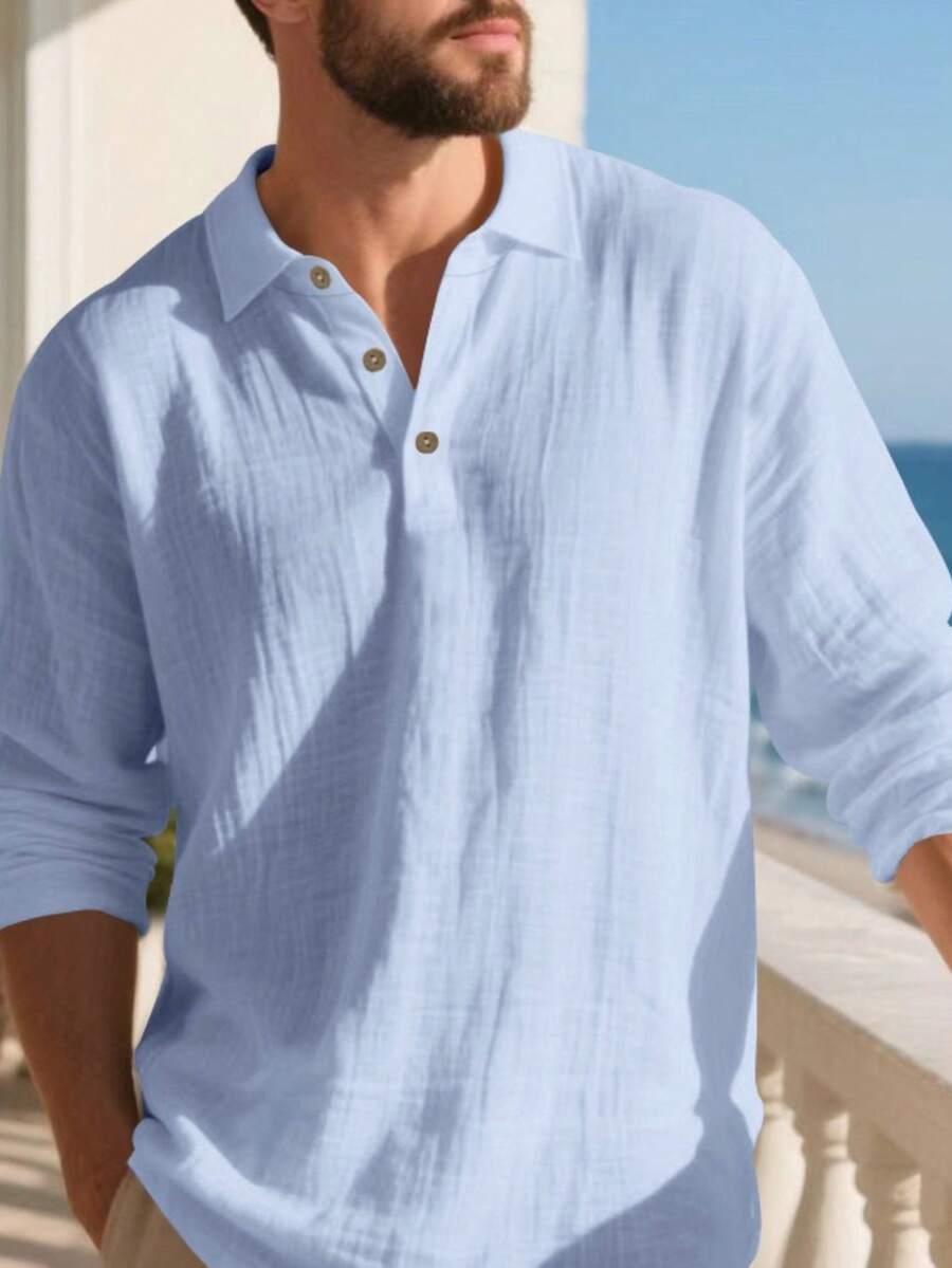 Men's Lightweight Loose Fit Black Linen Long Sleeve Polo Shirt