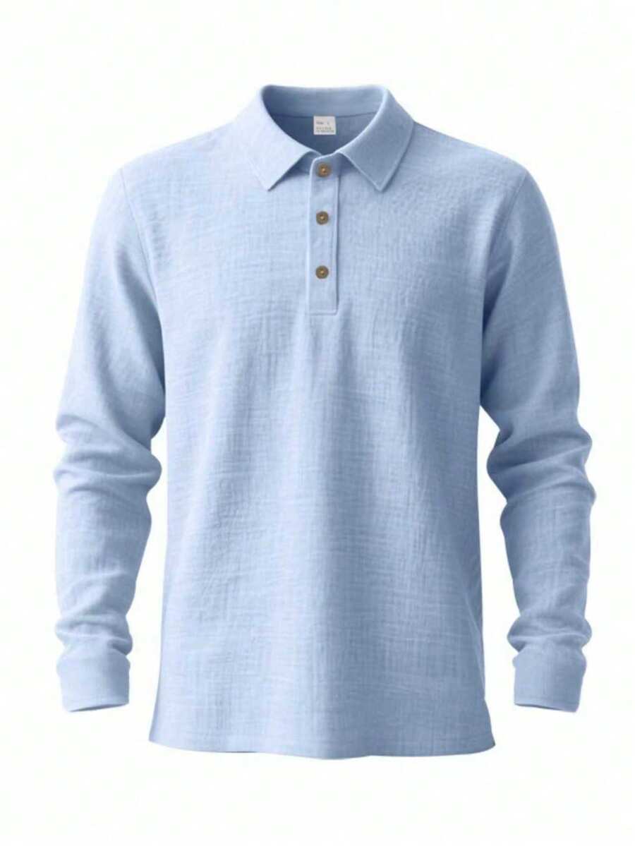 Men's Lightweight Loose Fit Black Linen Long Sleeve Polo Shirt