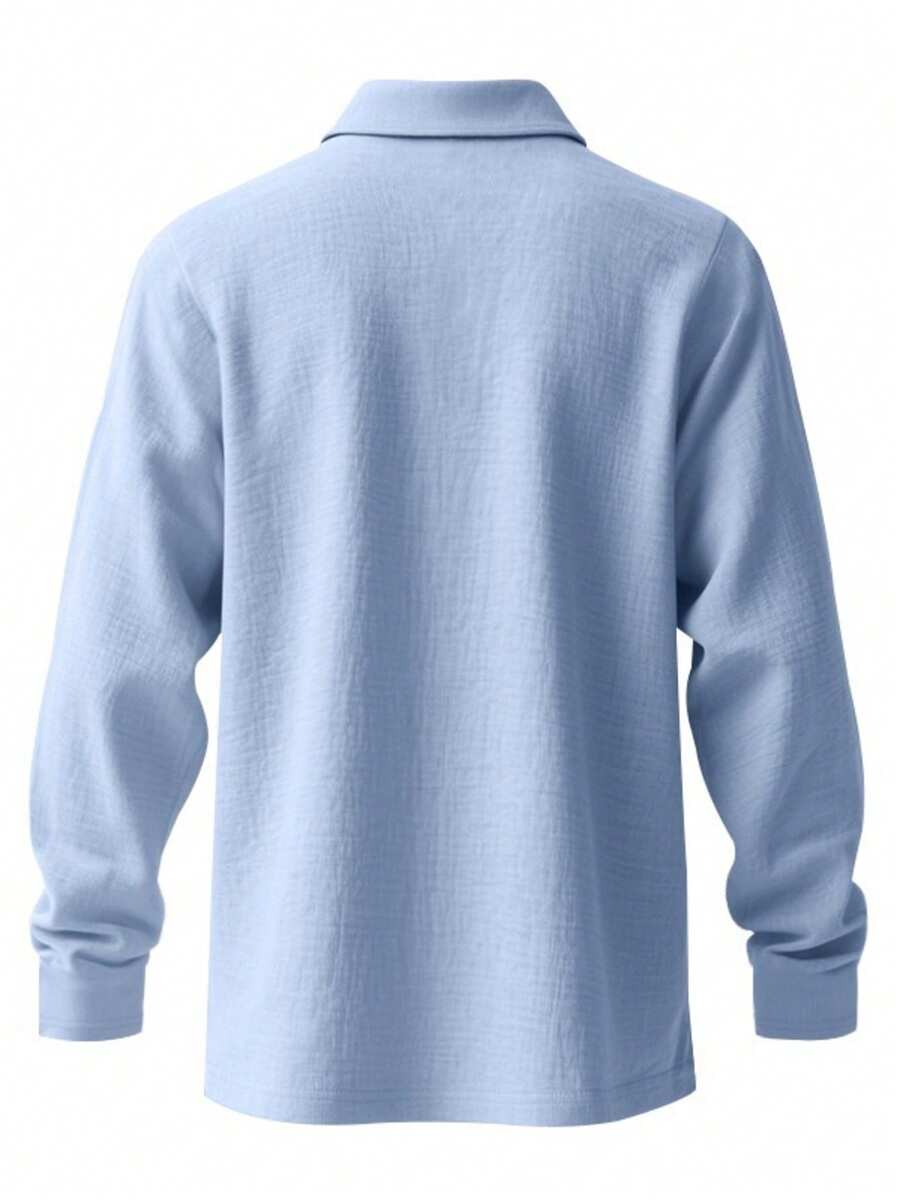 Men's Lightweight Loose Fit Black Linen Long Sleeve Polo Shirt