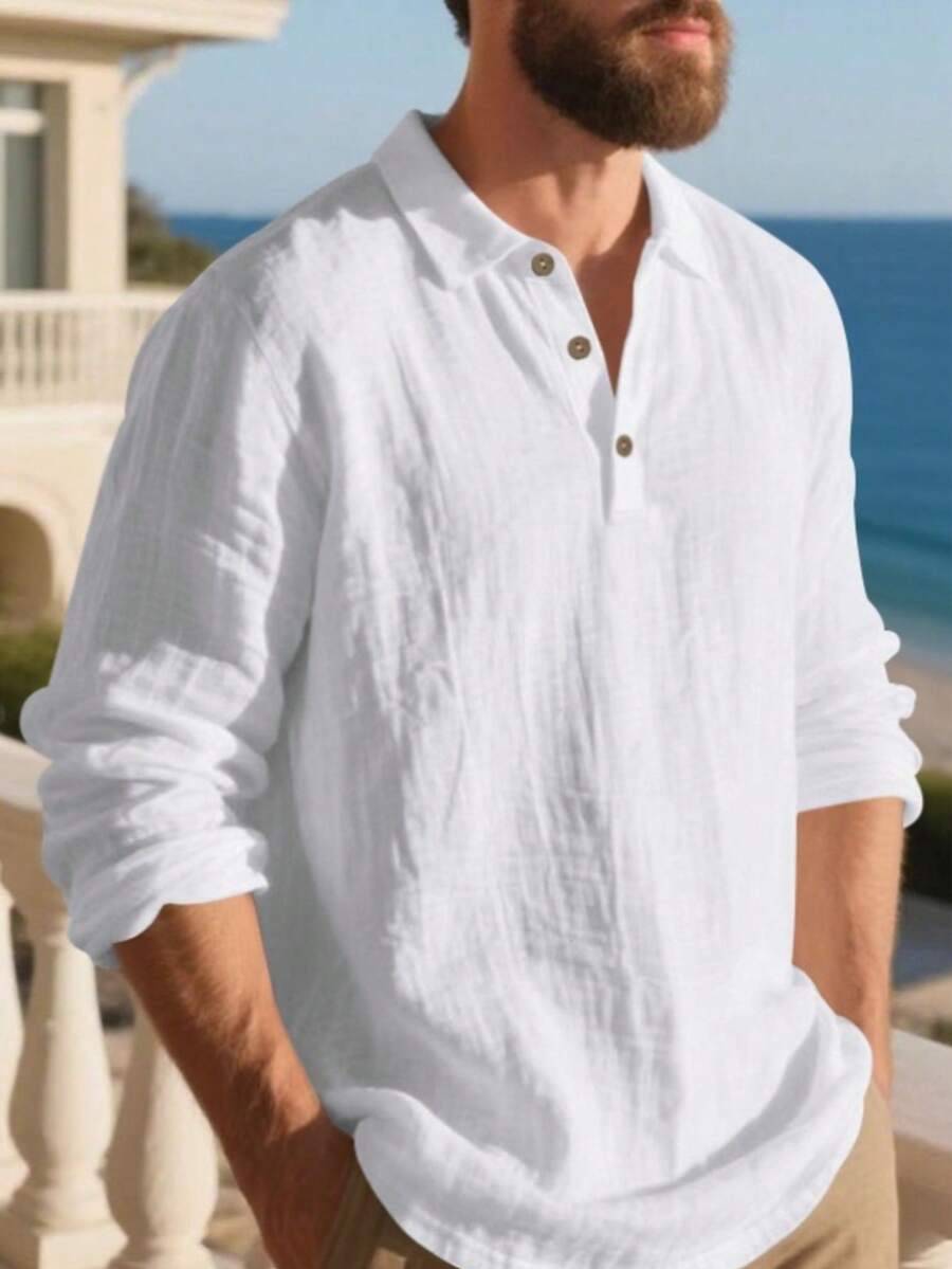 Men's Lightweight Loose Fit Black Linen Long Sleeve Polo Shirt