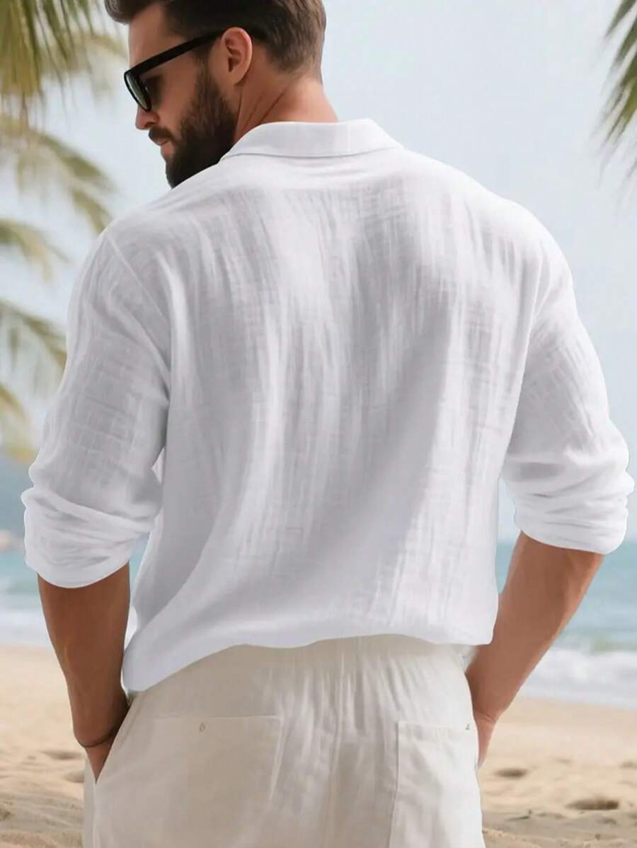 Men's Lightweight Loose Fit Black Linen Long Sleeve Polo Shirt