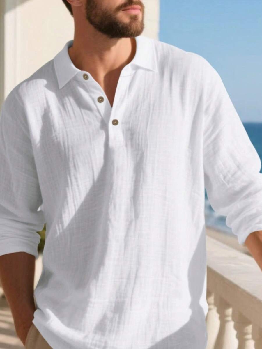 Men's Lightweight Loose Fit Black Linen Long Sleeve Polo Shirt
