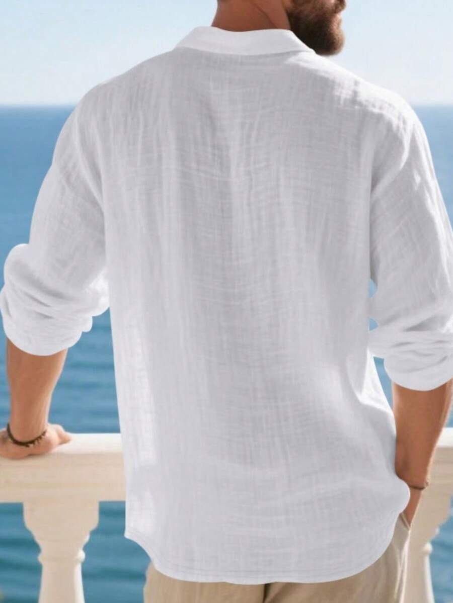 Men's Lightweight Loose Fit Black Linen Long Sleeve Polo Shirt
