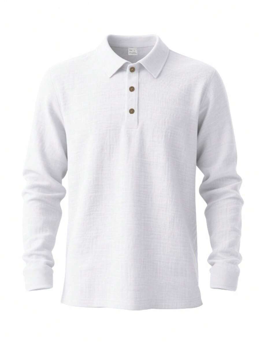 Men's Lightweight Loose Fit Black Linen Long Sleeve Polo Shirt