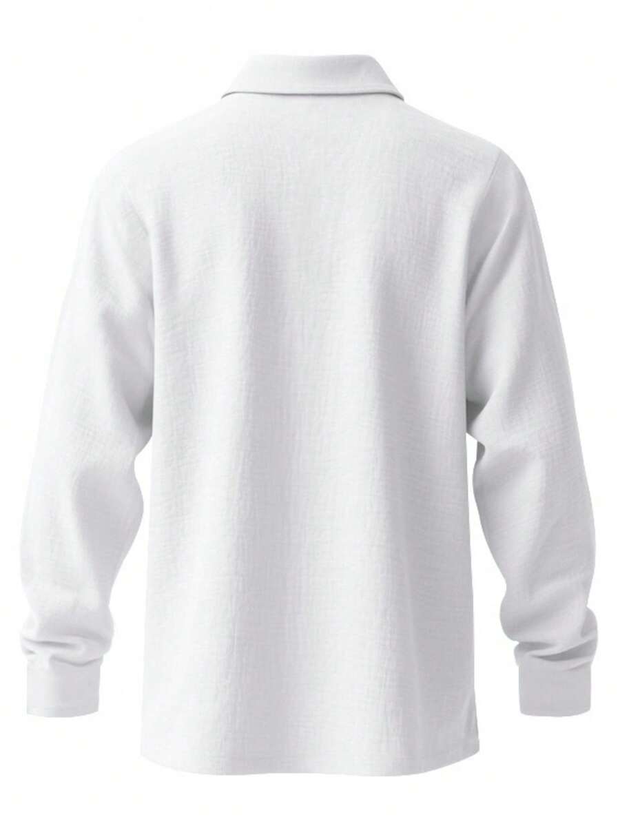 Men's Lightweight Loose Fit Black Linen Long Sleeve Polo Shirt
