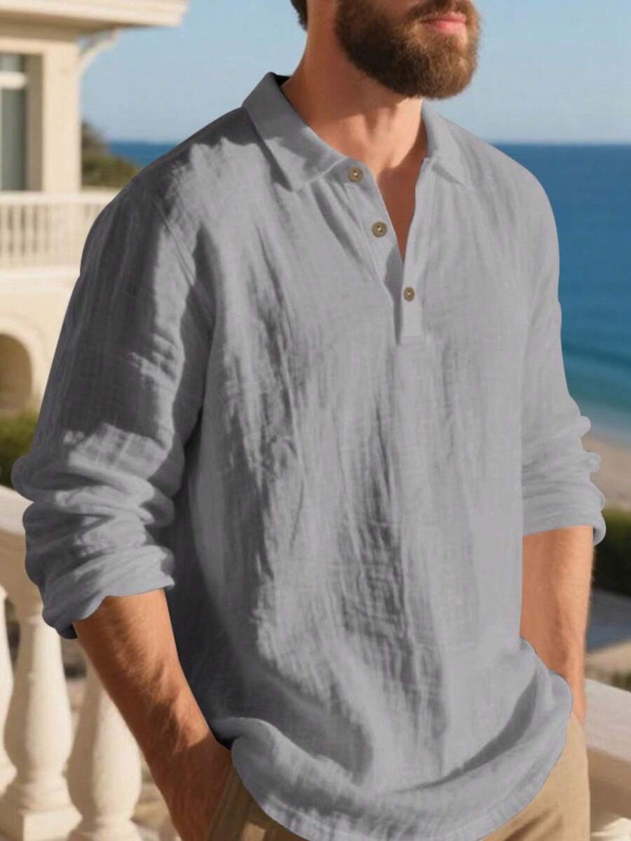 Men's Lightweight Loose Fit Black Linen Long Sleeve Polo Shirt