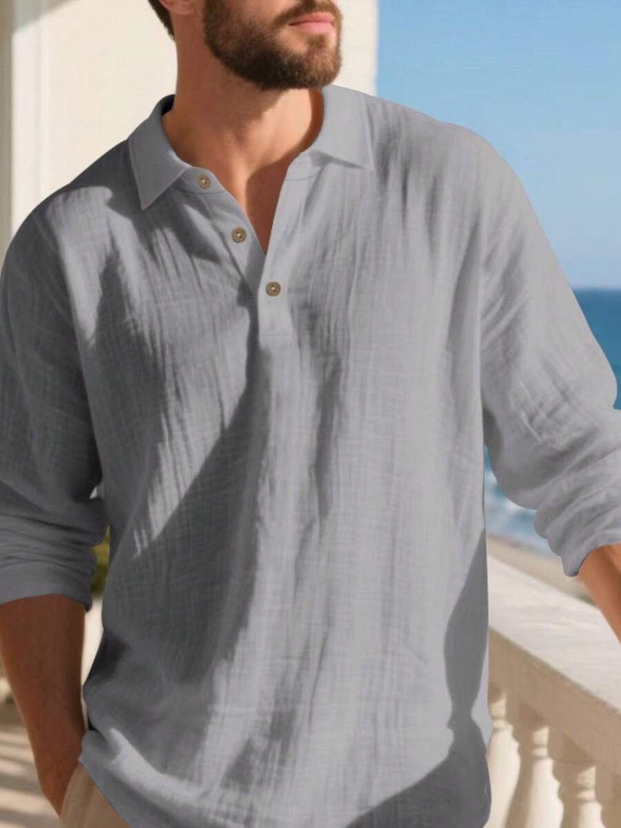 Men's Lightweight Loose Fit Black Linen Long Sleeve Polo Shirt
