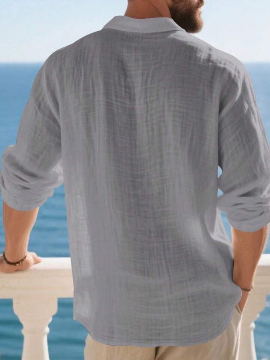Men's Lightweight Loose Fit Black Linen Long Sleeve Polo Shirt