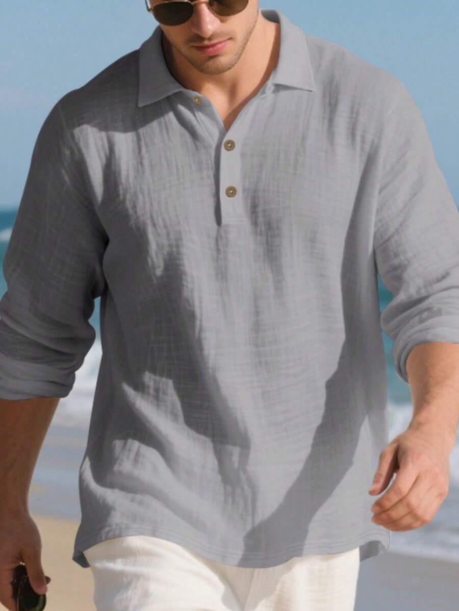 Men's Lightweight Loose Fit Black Linen Long Sleeve Polo Shirt