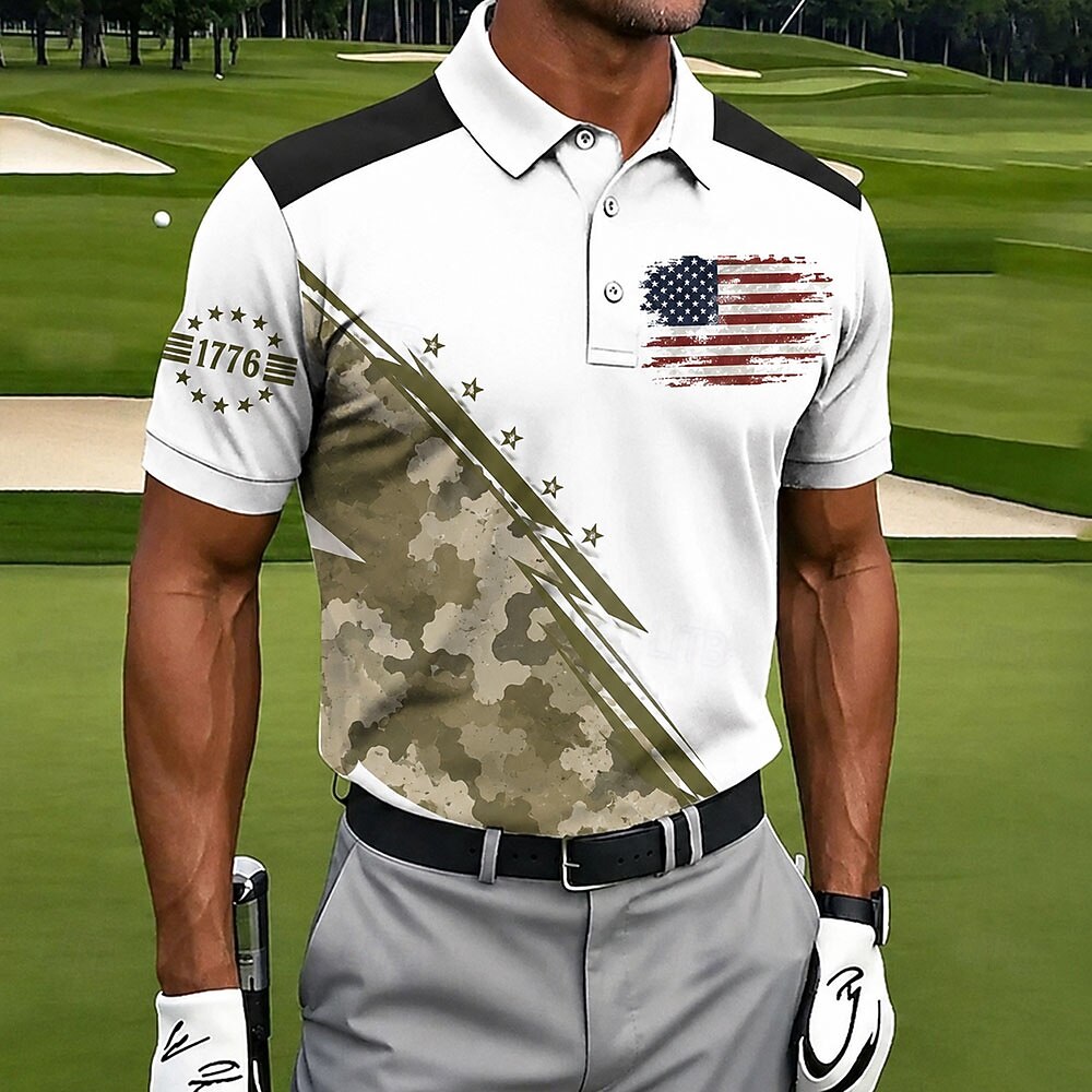 250th Anniversary Print Men's Polo Shirt - American Flag Patriotic Golf Polo