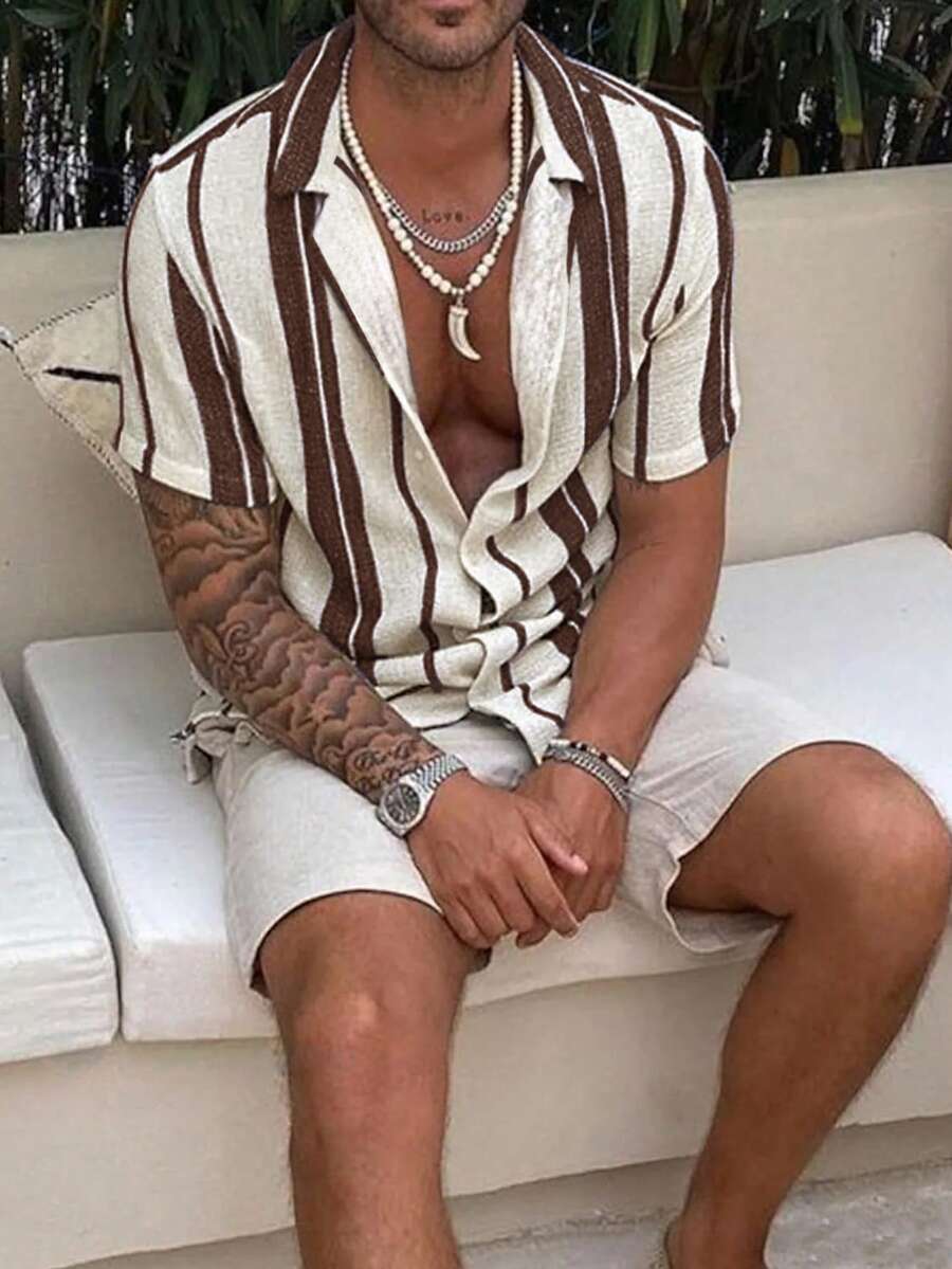 2026 Men Spring/Summer Casual Holiday Striped Button-Down Short Sleeve Shirt