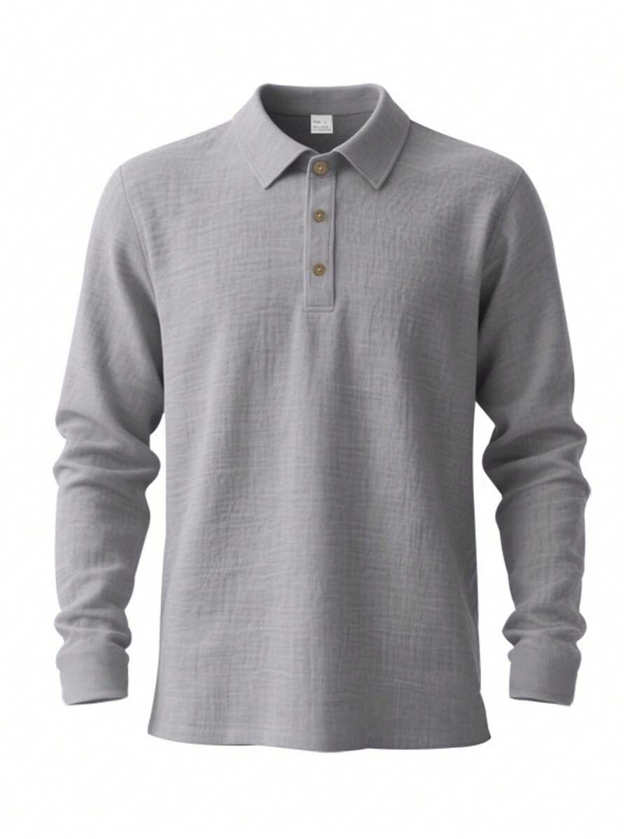 Men's Lightweight Loose Fit Black Linen Long Sleeve Polo Shirt