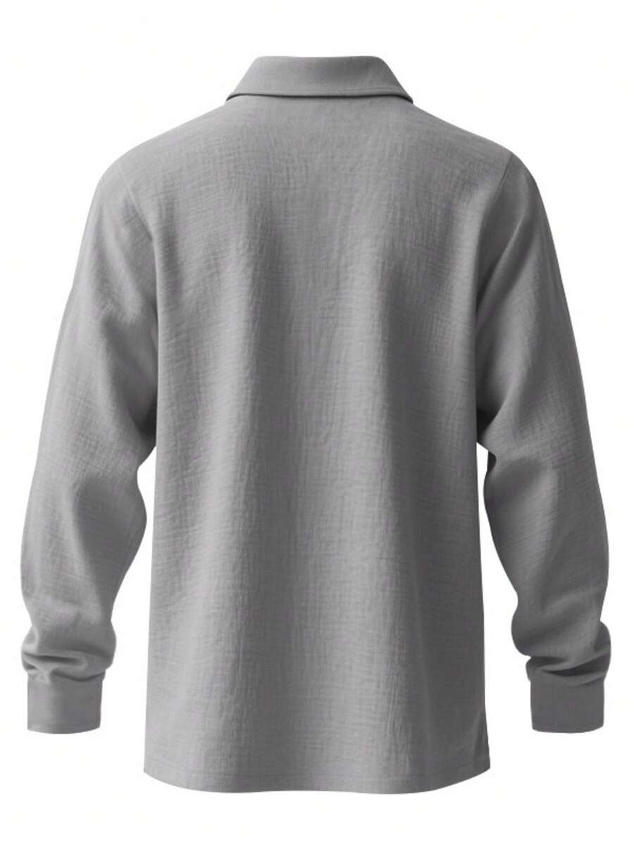 Men's Lightweight Loose Fit Black Linen Long Sleeve Polo Shirt