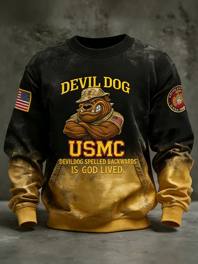 Men's "DEVIL DOG USMC" Bulldog Embroidered American Flag Sleeve Sweatshirt
