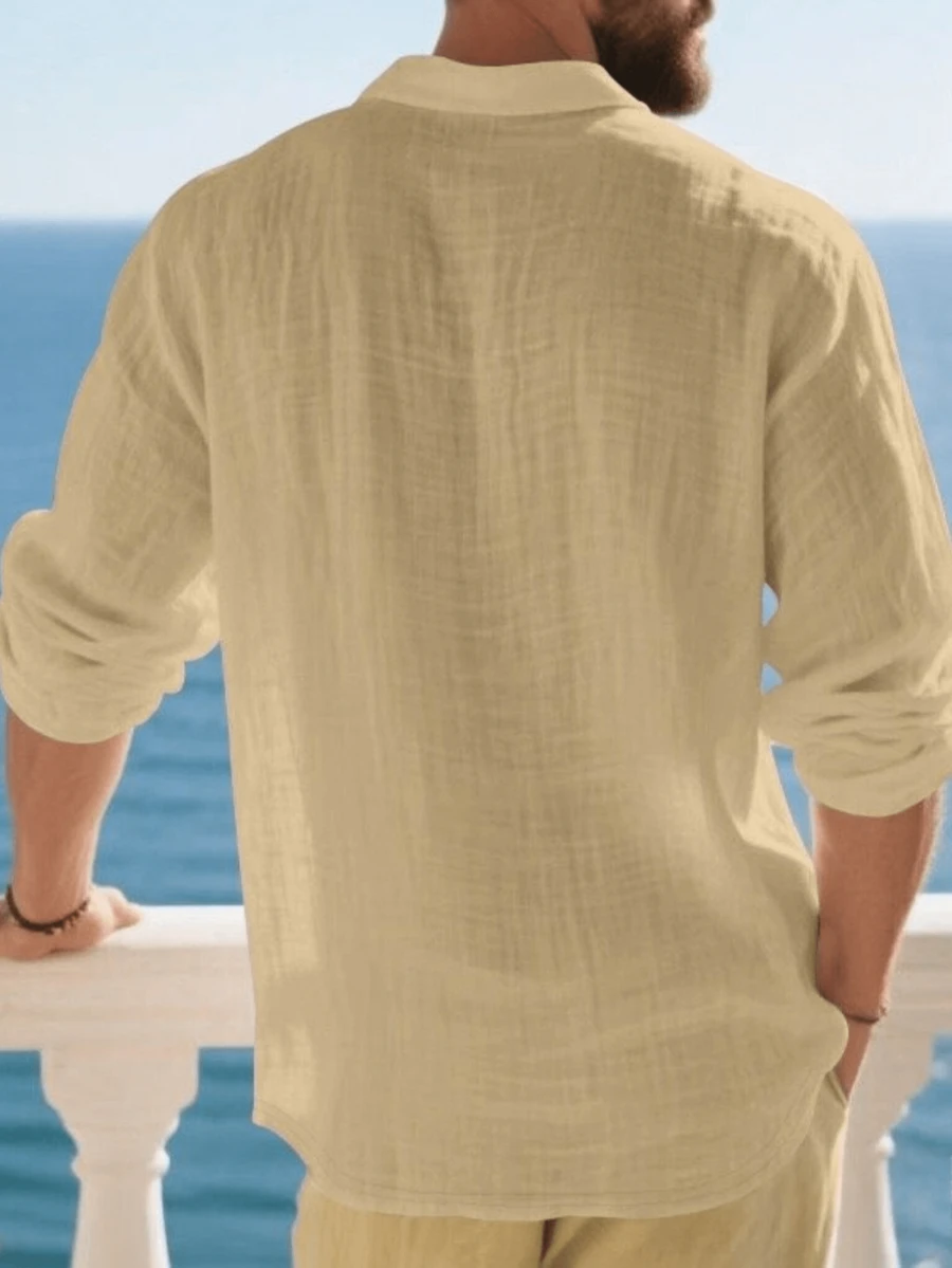 Men's Lightweight Loose Fit Black Linen Long Sleeve Polo Shirt
