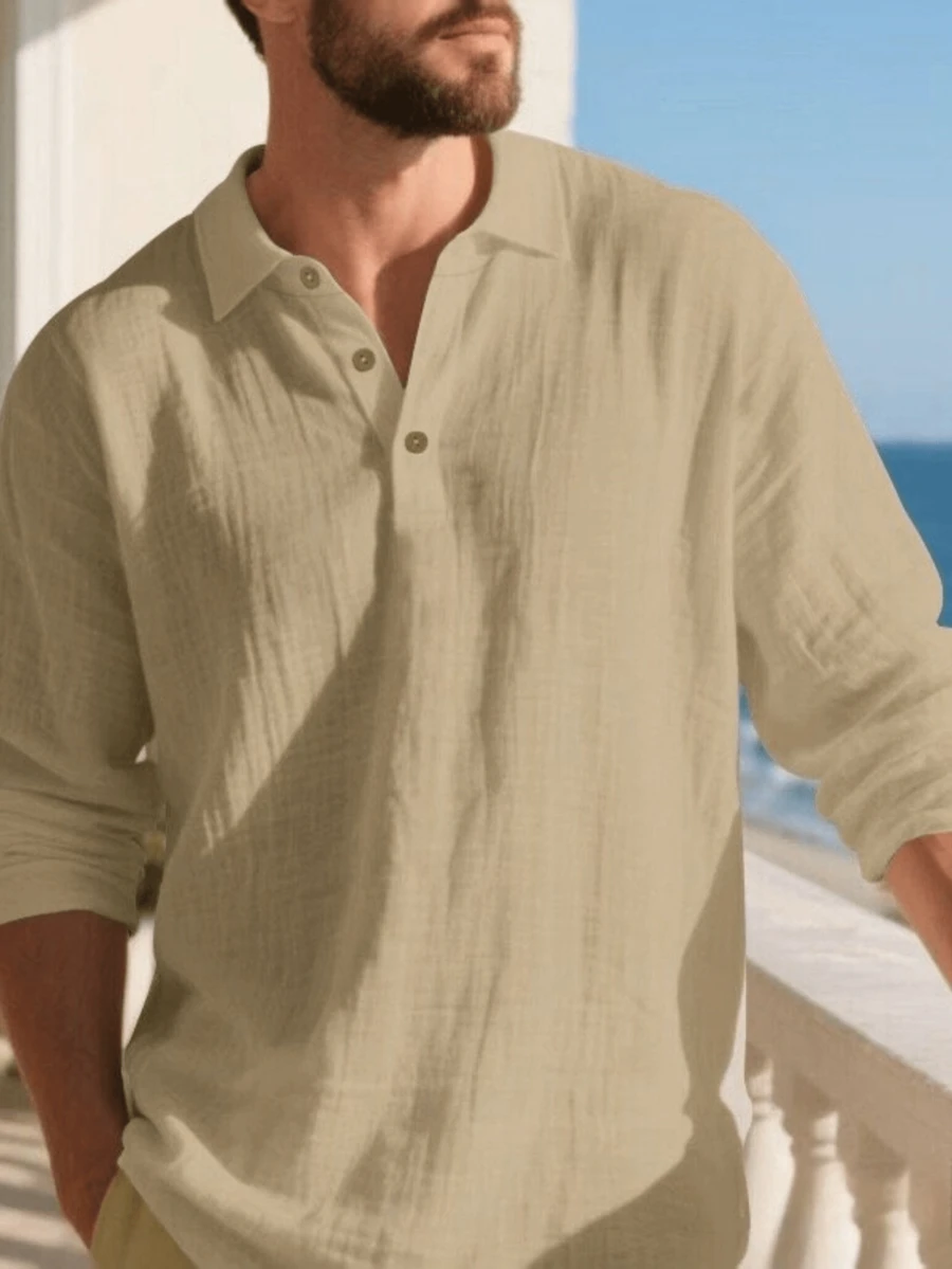 Men's Lightweight Loose Fit Black Linen Long Sleeve Polo Shirt