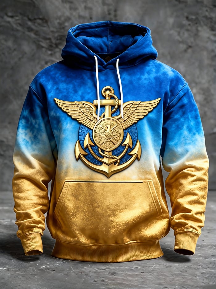 Men's Blue-Gold Gradient "Navy Anchor & Wings" Patriotic Hoodie