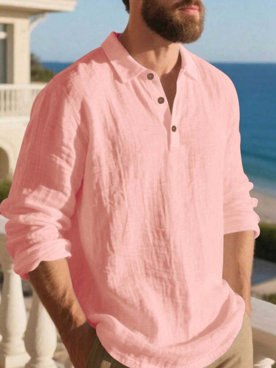 Men's Lightweight Loose Fit Black Linen Long Sleeve Polo Shirt