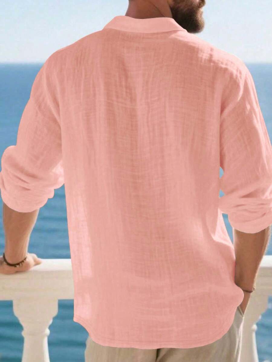Men's Lightweight Loose Fit Black Linen Long Sleeve Polo Shirt