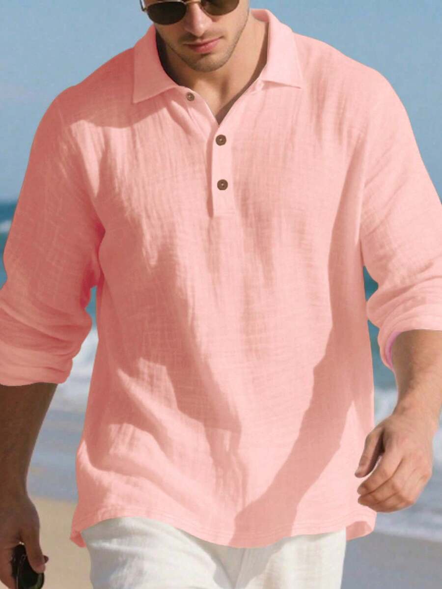 Men's Lightweight Loose Fit Black Linen Long Sleeve Polo Shirt