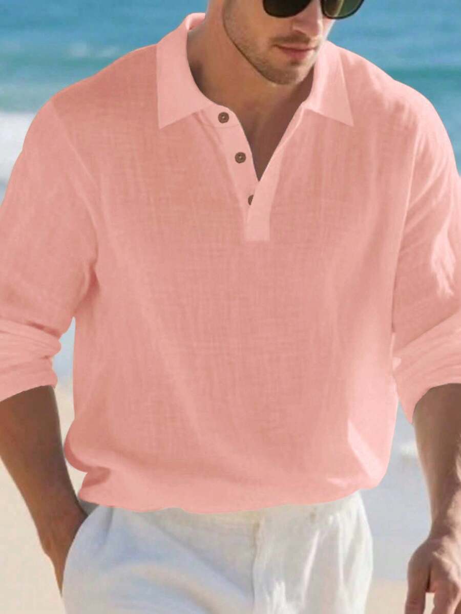 Men's Lightweight Loose Fit Black Linen Long Sleeve Polo Shirt