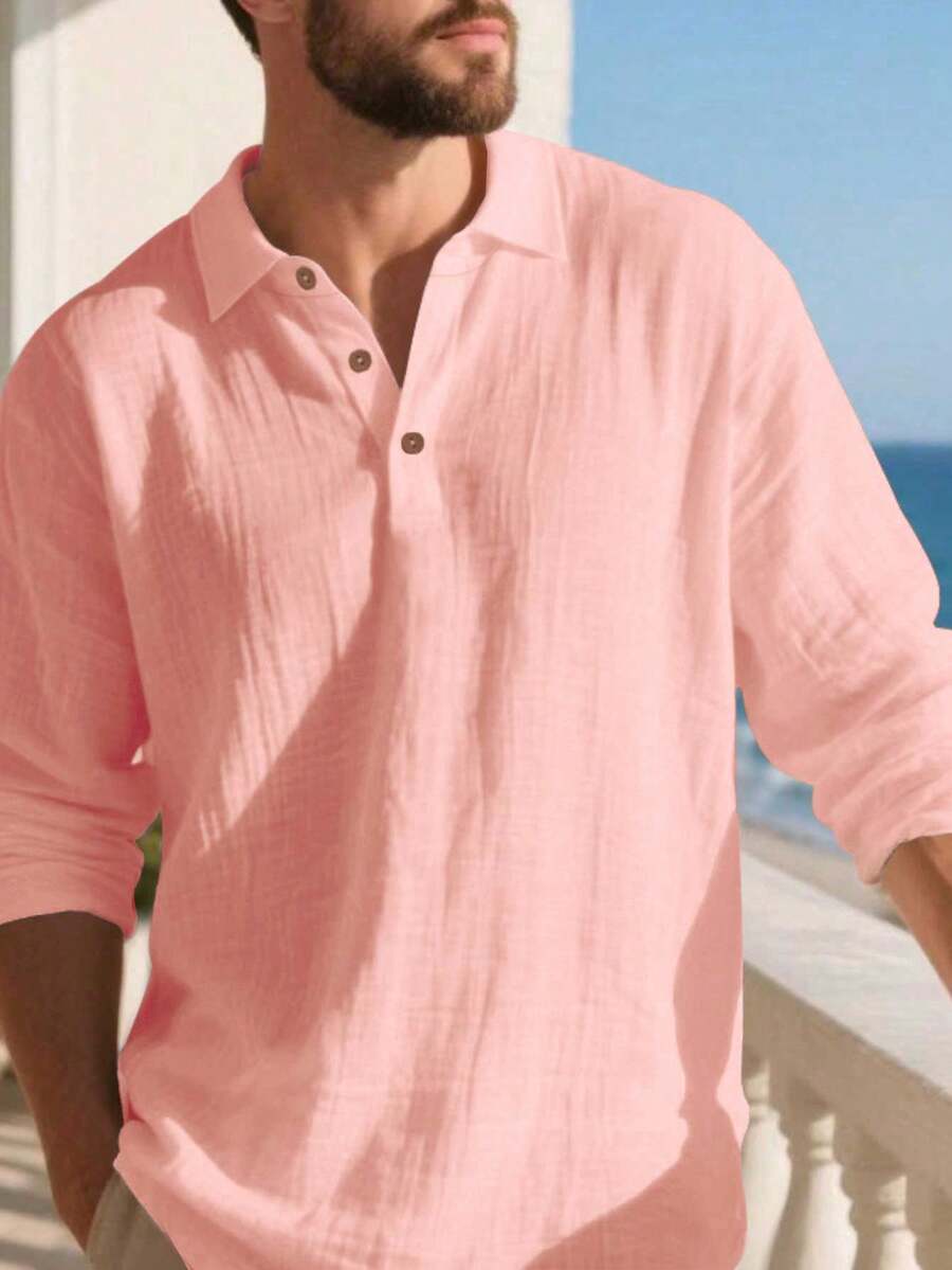 Men's Lightweight Loose Fit Black Linen Long Sleeve Polo Shirt