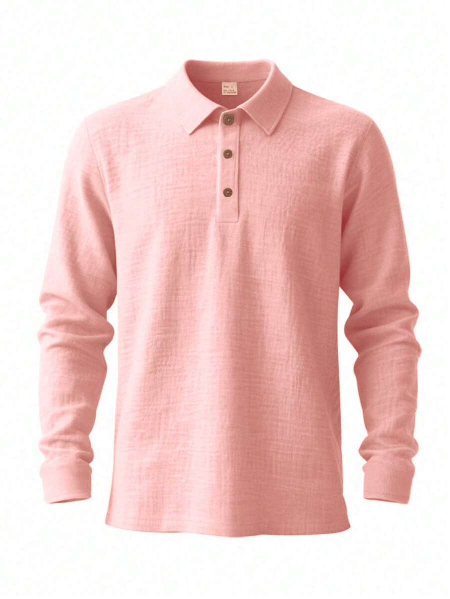 Men's Lightweight Loose Fit Black Linen Long Sleeve Polo Shirt