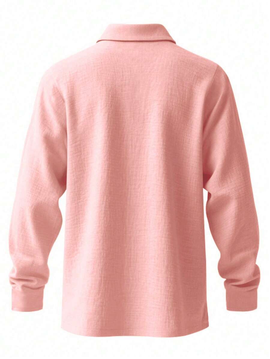 Men's Lightweight Loose Fit Black Linen Long Sleeve Polo Shirt