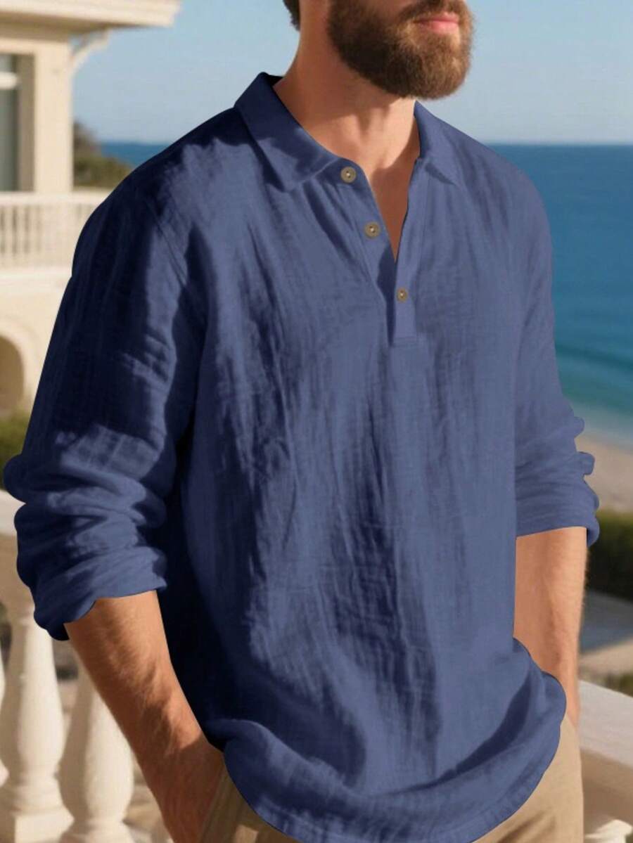 Men's Lightweight Loose Fit Black Linen Long Sleeve Polo Shirt