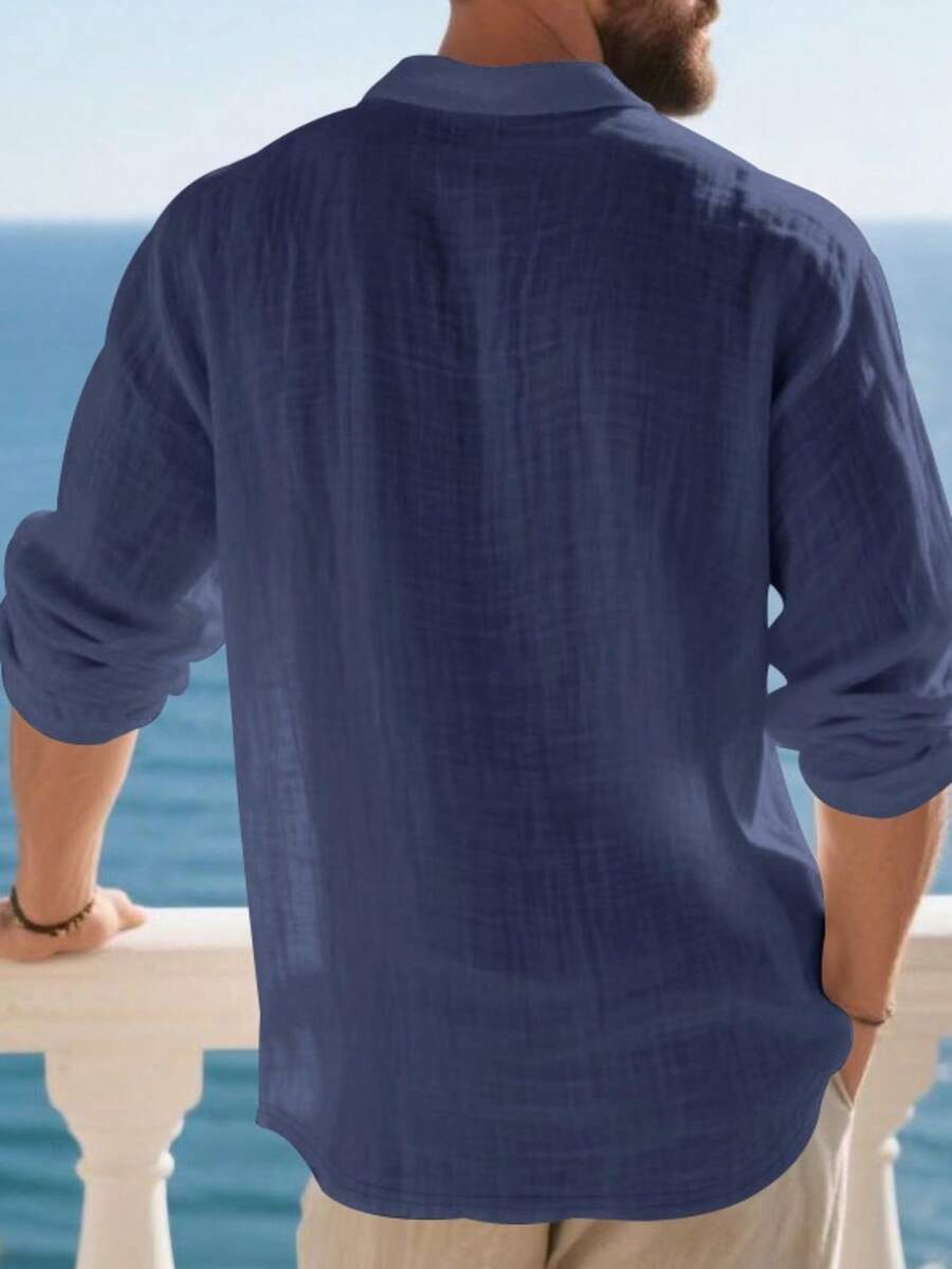 Men's Lightweight Loose Fit Black Linen Long Sleeve Polo Shirt
