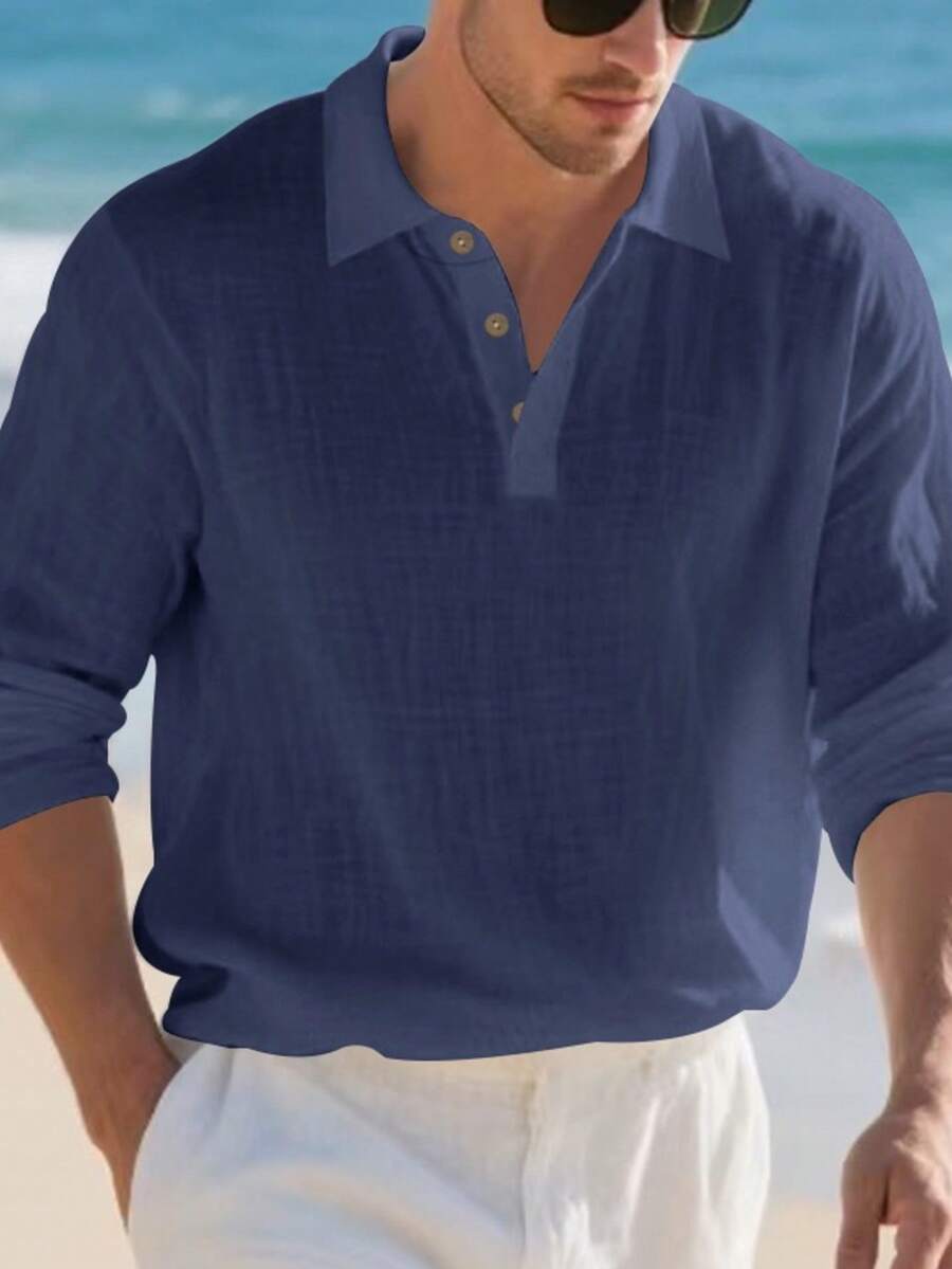 Men's Lightweight Loose Fit Black Linen Long Sleeve Polo Shirt