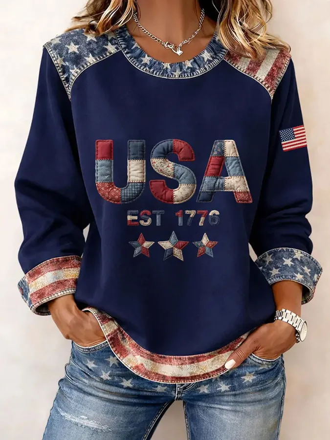 Women’s USA EST 1776 Patchwork Print Crewneck Sweatshirt