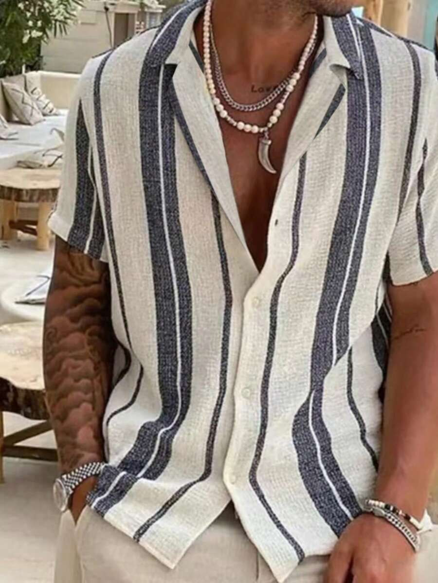 2026 Men Spring/Summer Casual Holiday Striped Button-Down Short Sleeve Shirt