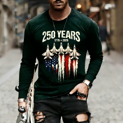 Men's Retro 250th Anniversary of the United States Independence Day Fighter Jet Long Sleeve T-Shirt