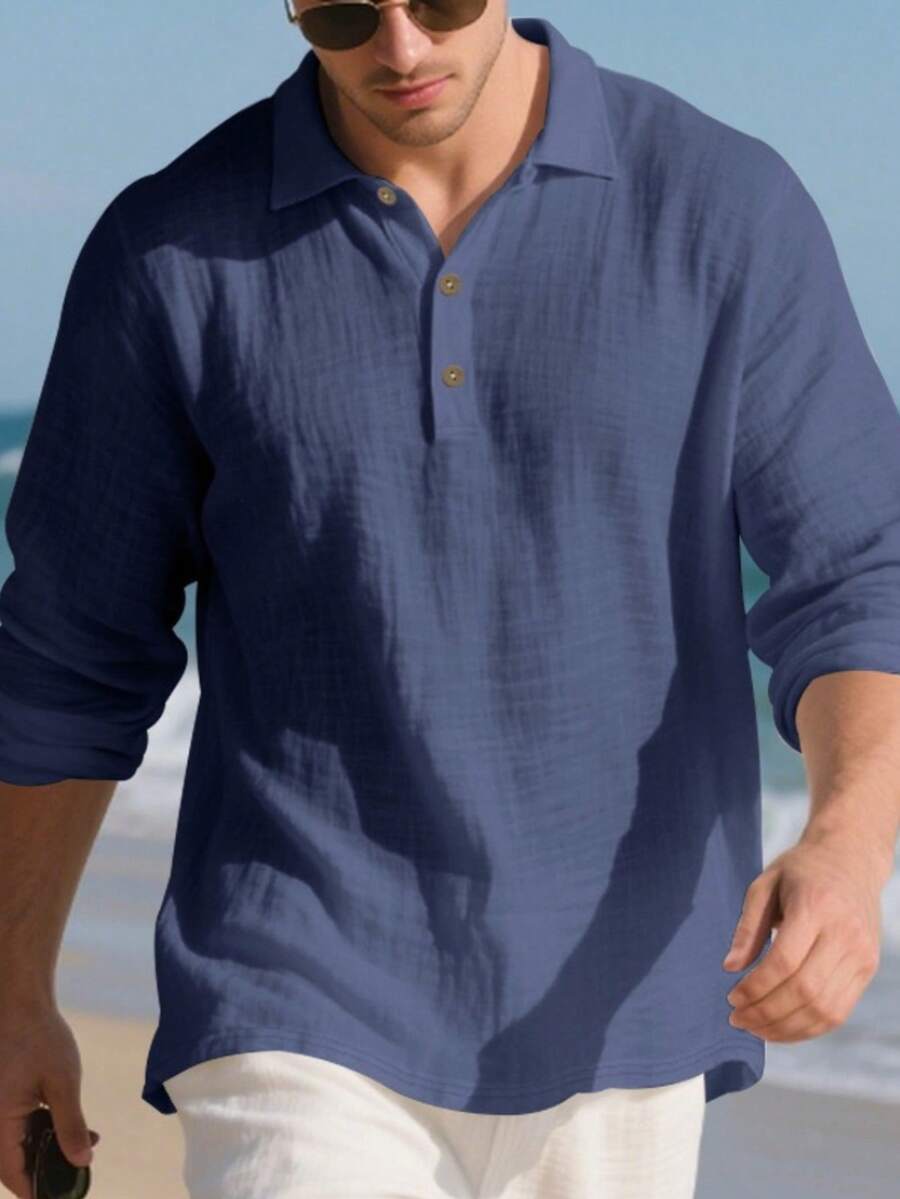 Men's Lightweight Loose Fit Black Linen Long Sleeve Polo Shirt