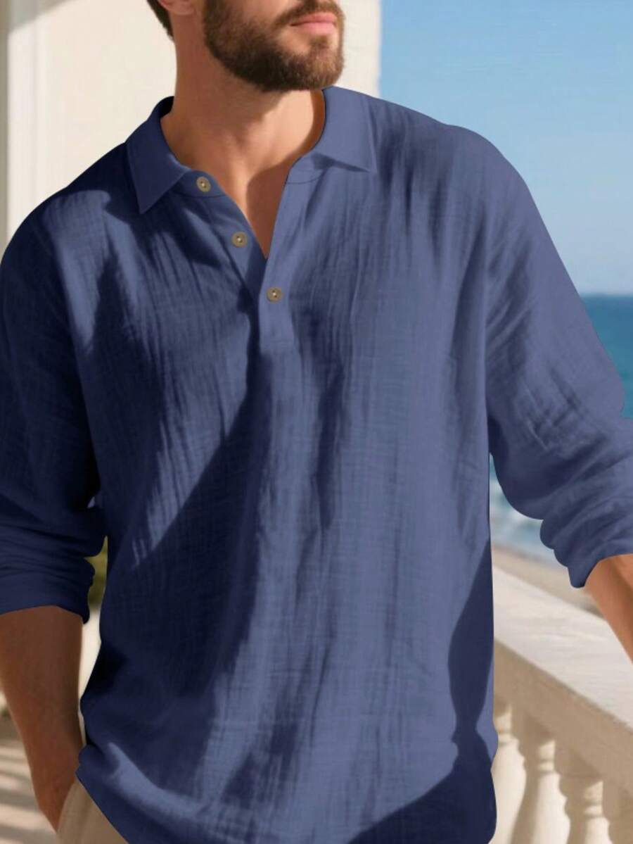Men's Lightweight Loose Fit Black Linen Long Sleeve Polo Shirt