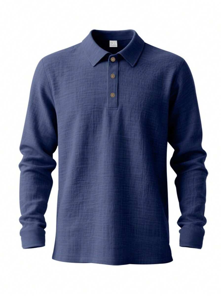 Men's Lightweight Loose Fit Black Linen Long Sleeve Polo Shirt